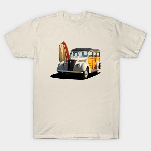 1937 Ford Woody Station Wagon in cream T-Shirt by candcretro